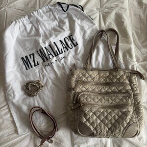 MZ Wallace Quilted Tote Bag – Taupe / Mushroom | Extra Strap + Accessories + Dus